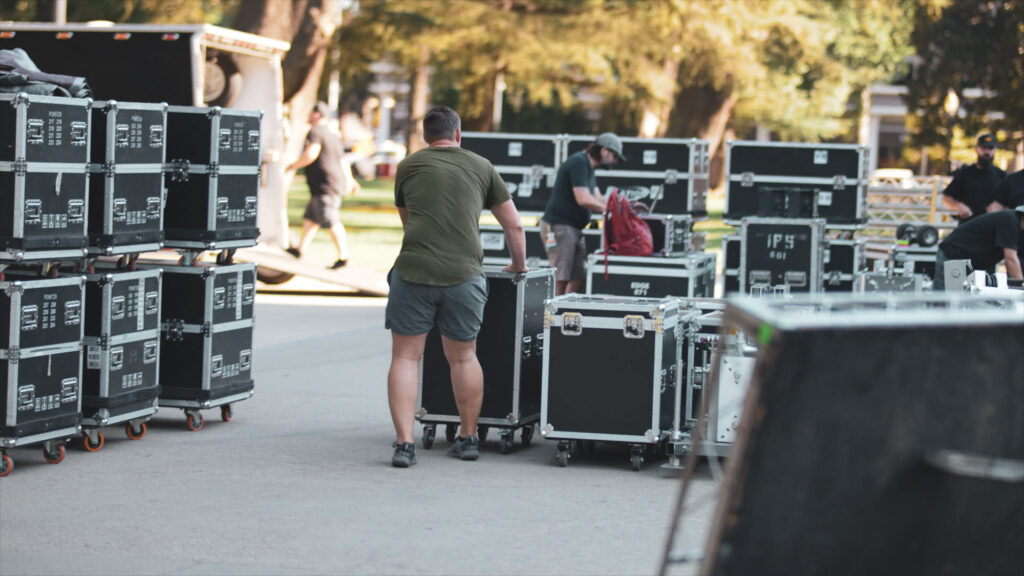 Road cases staged for load-in